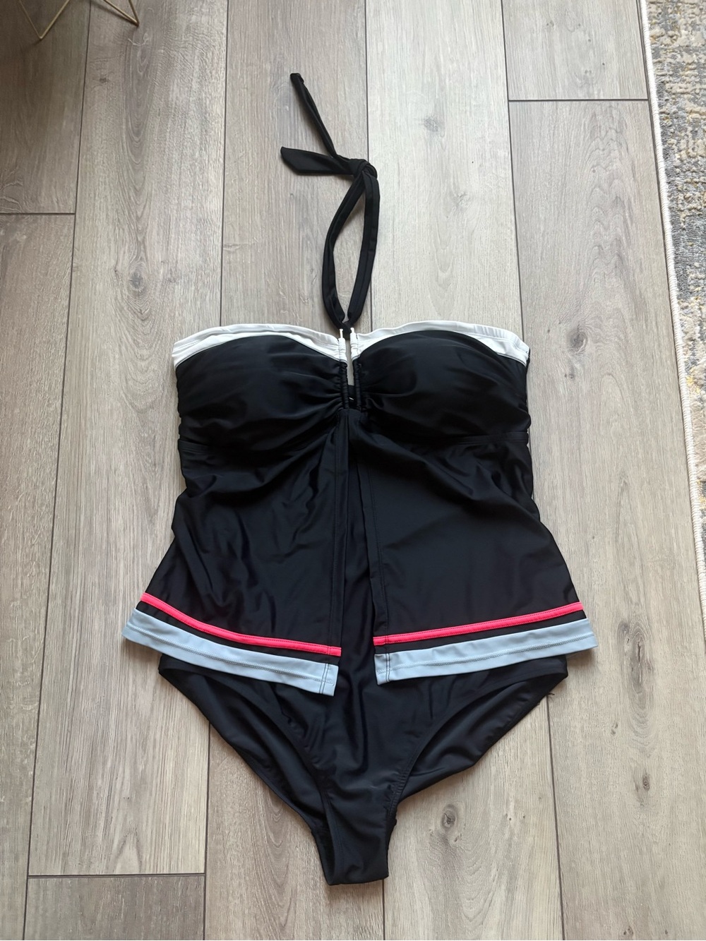 Black Strapless One-Piece Swimsuit with Pink & Light Blue Accents